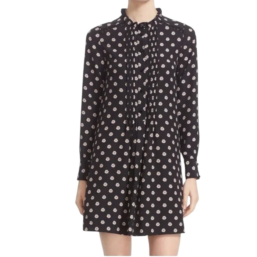 Kate Spade Silk Classic Floral Long Sleeve Ruffle Pin Tuck Dress Small Black